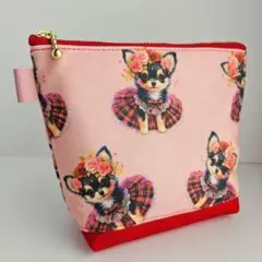おめかしチワワ柄×帆布・まち付きポーチ