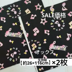 オックス生地　音符柄　おんぷ　音楽　ブラック　黒　【約26×116cm】×2枚