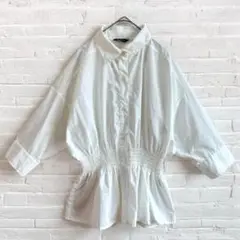 ギャザー ペプラム シャツ カットソー M ホワイト フェミニン 女っぽ