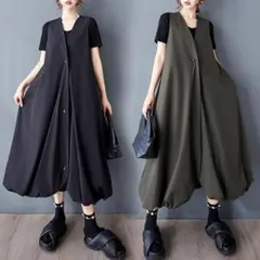 【残りカーキ】大きいサイズ ロング　ベスト　ジレ　レディース 新品　ワンピース