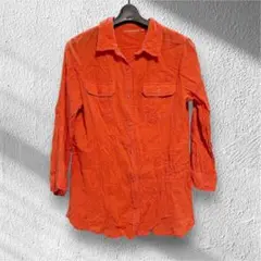 オレンジ色　朱色　七分袖　コットンシャツ　レディース　トップス　秋冬春