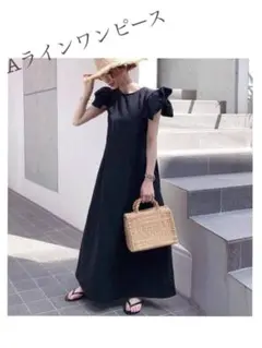 黒 ロングワンピ ノースリーブ freesize 肩リボン バカンス 海外旅行