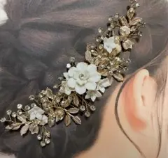 ゴールドリーフフラワーヘッドドレス ブライダルヘアアクセサリー結婚式