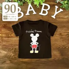90 ブラック〔ミッキー半袖Tシャツ〕ディズニー親子コーデお揃いペア子供キッズ黒