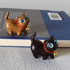 招き猫 2匹セット 木製 置物 鈴 アンティーク 幸運 開運 運気UP 招福