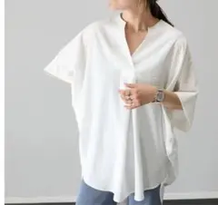 ホワイト ゆったり 体型カバー スキッパーシャツ 白　ドルマンブラウス