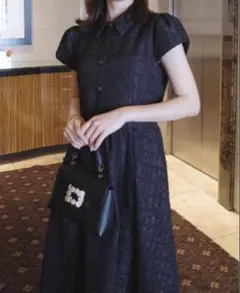 ENEUエヌー♡ハンナミさんジャガードワンピース 黒 ふんわり パフスリーブ