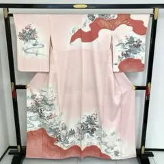 友禅 金彩 絞り 裄65 花柄 紋無し 付下げ 訪問着 正絹 T-5593