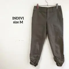 インディヴィ クロップドパンツ カーキ ギャザー入り エレガント t4525