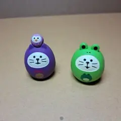 猫とフクロウのキャラクター玩具（紫・緑）コンコンブル