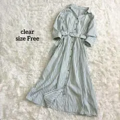 クリア ロングシャツワンピース グリーン ストライプ ウエストベルト a3269