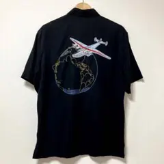 トリリチャード　シルク　絹　シャツ　刺繍　飛行機　地球　ブラック　半袖　夏　大人