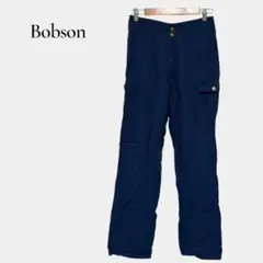 【Bobson】カーゴパンツ リネン 裾ロールアップ 夏 ボタン付き ネイビー