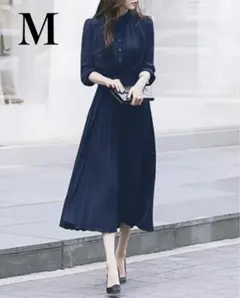 春 新品 M プリーツ ワンピース ロング レディース 定番 ネイビー 入学式
