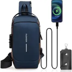 ✨大容量4WAY❢ USB充電対応ボディバッグ♡ ネイビー×ブラウン 反射素材付