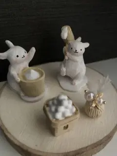 ナチュラルキッチン　お月見　うさぎ　団子　小さめお花アレンジ　木製プレート　5点