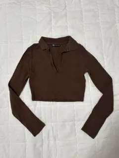 ZARA ブラウン クロップド ポロシャツ 長袖