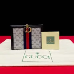 極 美品 オールドグッチ ネイビー シェリーライン レザー 二つ折り 財布