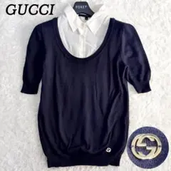 美品✨ GUCCI 半袖 セーター インターロッキング カシミヤ混 紺 M