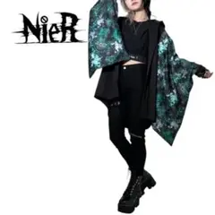 B36 NieR 袖リブ付き着物風袖ブロッキングシャツ　和柄九尾(緑) 美品