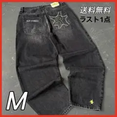 黒バギーデニム ストリートファッション ワイドパンツ Y2K系 スター