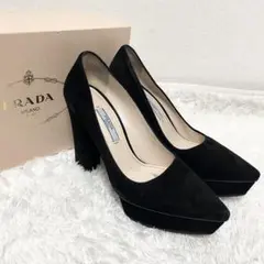 PRADA ヒール パンプス チャンキーヒール ロゴ スウェード 23.5cm