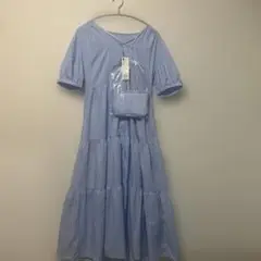 GUライトブルー 半袖シャツワンピース ロング　ティアード　水色　ペチコート付き