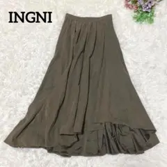 a943【イング】ロングスカート フレア ブラウン ウエストゴム ラフ 大人 M