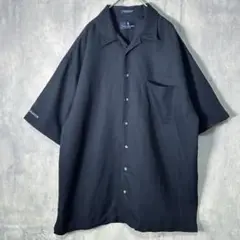 上質 レーヨン オープンカラー 刺繍 企業ロゴ シャツ 半袖 木ボタン 黒