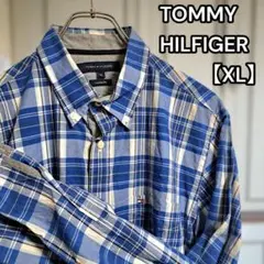 美品★TOMMY HILFIGER 長袖シャツ チェック ブルー 刺繍 XL