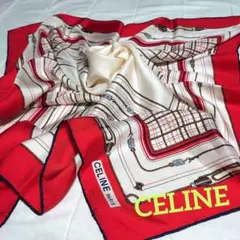 ■CELINEセリーヌ■滑車柄シルク大判スカーフ★赤×ホワイト■