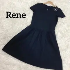 美品 Rene ルネ コサージュ付 半袖 タック入り ニット ワンピース ドレス