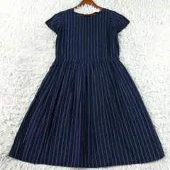 美品 AMACA 近年モデル 洗える ストライプ柄半袖ワンピース ネイビー 40