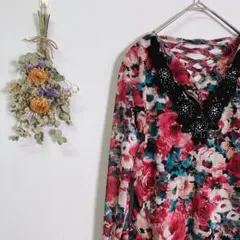 レディース ダンスウェア レッド 花柄 エンジェルスリーブ ラメ