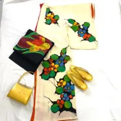 【S49】着物 訪問着・付下 袷 正絹 棒衿 椿 クリーム色 単品販売♪