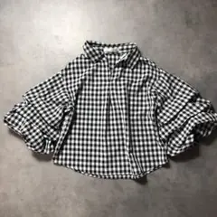 WQ607●神戸レタス：ボリューム袖ギンガムシャツ 黒/白 スキッパーシャツ
