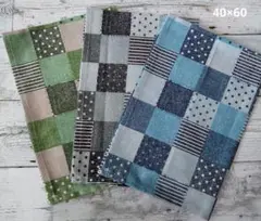 ハンドメイド　ランチョンマット　３枚セット/　デニム調パッチワーク風m2