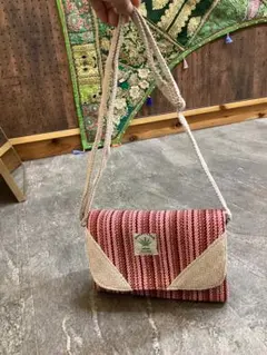 ヘンプ製赤と白ストライプショルダーバッグ