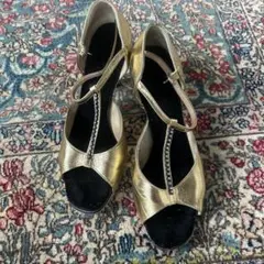 ダンスシューズ、金色革　24