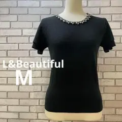 【美品】L&Beautiful ビジュー付き黒ニット セーター　上品フリル袖　M