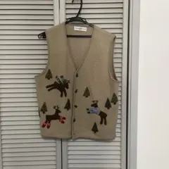 ウール100% ベージュ ベスト 動物刺繍