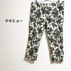 b305【タキヒョー】花柄ビッグサイズストレッチクロップドパンツウエストゴム綿混