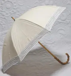 新品【晴雨兼用 長傘】麻綿生地 切替刺繍 木製 雨傘 日傘 UV遮蔽率99％