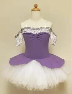 【美品】♡ふわふわチュールのバレエレオタード衣装 パープル 肩下がり 130♡
