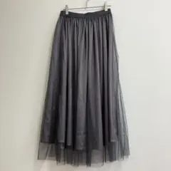 【美品】グレー チュール プリーツスカート ロング レディース ウエストゴム