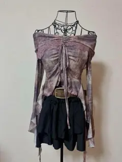 fairygrunge red デニム柄 オフショル レース トップス
