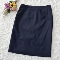 美品✨タイトスカート　ひざ丈　ストライプ　オフィス制服　ネイビー　Ｌ【11AR】