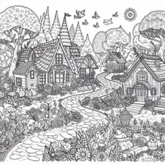 AI 線画 風景イラスト 家と自然 塗り絵 ぬりえ
