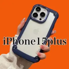 iPhone15plus ケースブルークリアハード透明カバーシリコン耐衝撃V8