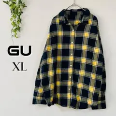 【XL】【綿100%】GU ネルシャツ ネイビー×イエロー オーバーサイズ